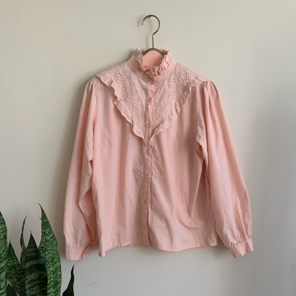 Vintage Tops - VTG 80’s Peachy High Neck Romantic Blouse